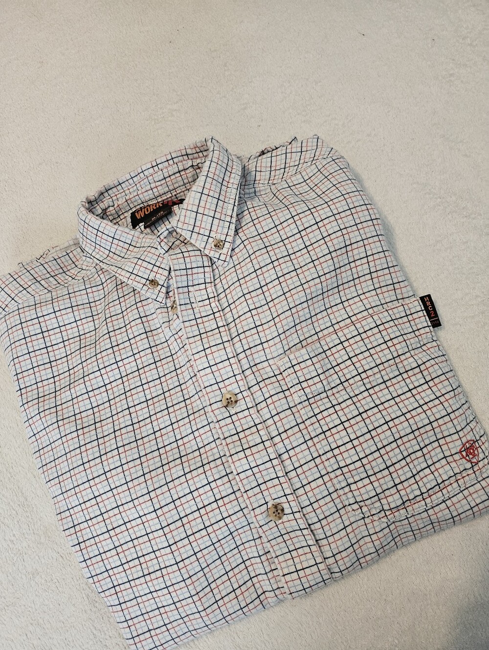 Ariat Mens Work FR Long Sleeve Button Up Xl Striped Red Blue Euc HRC2 Work Wear